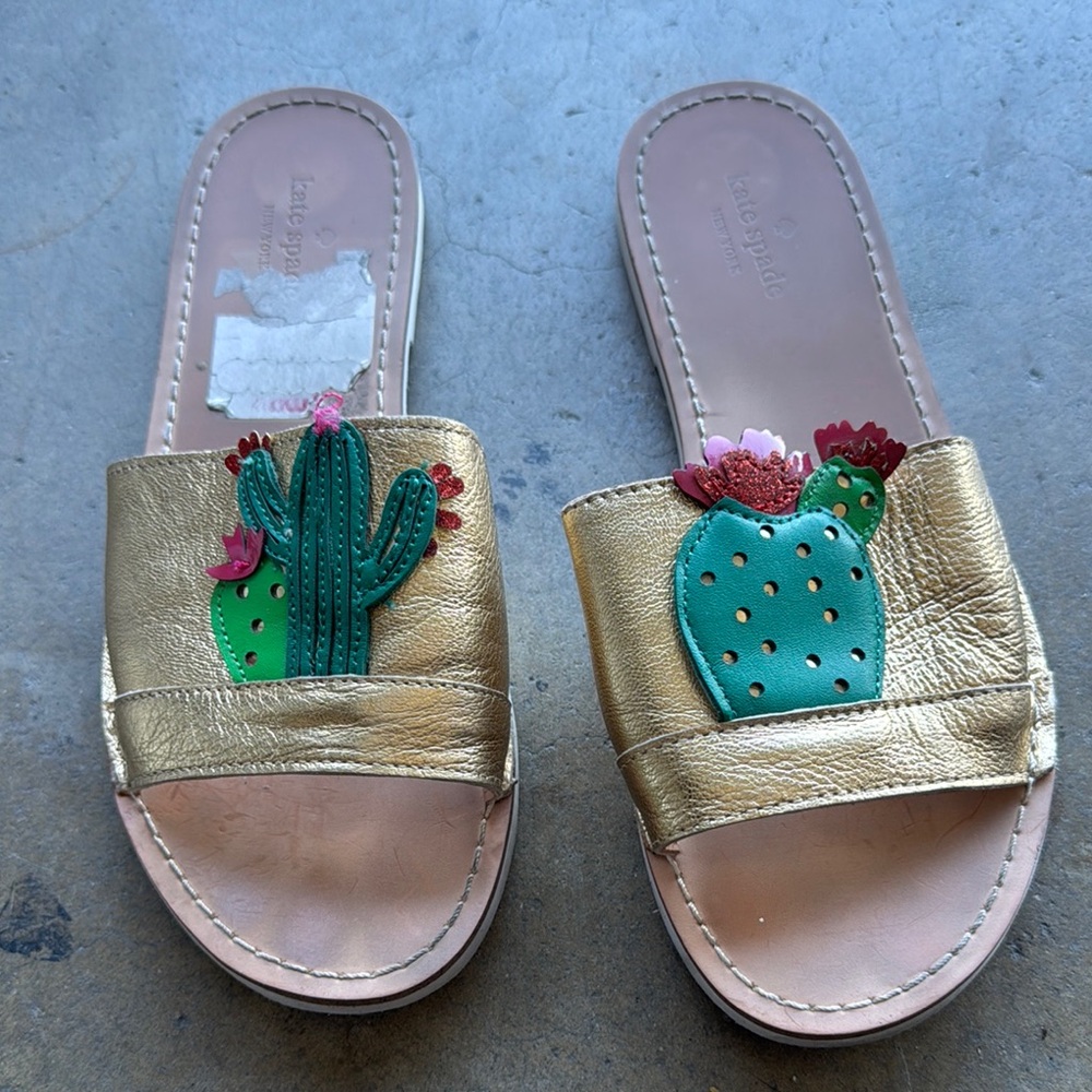Kate Spade Gold Slides with Cactus Embellishment